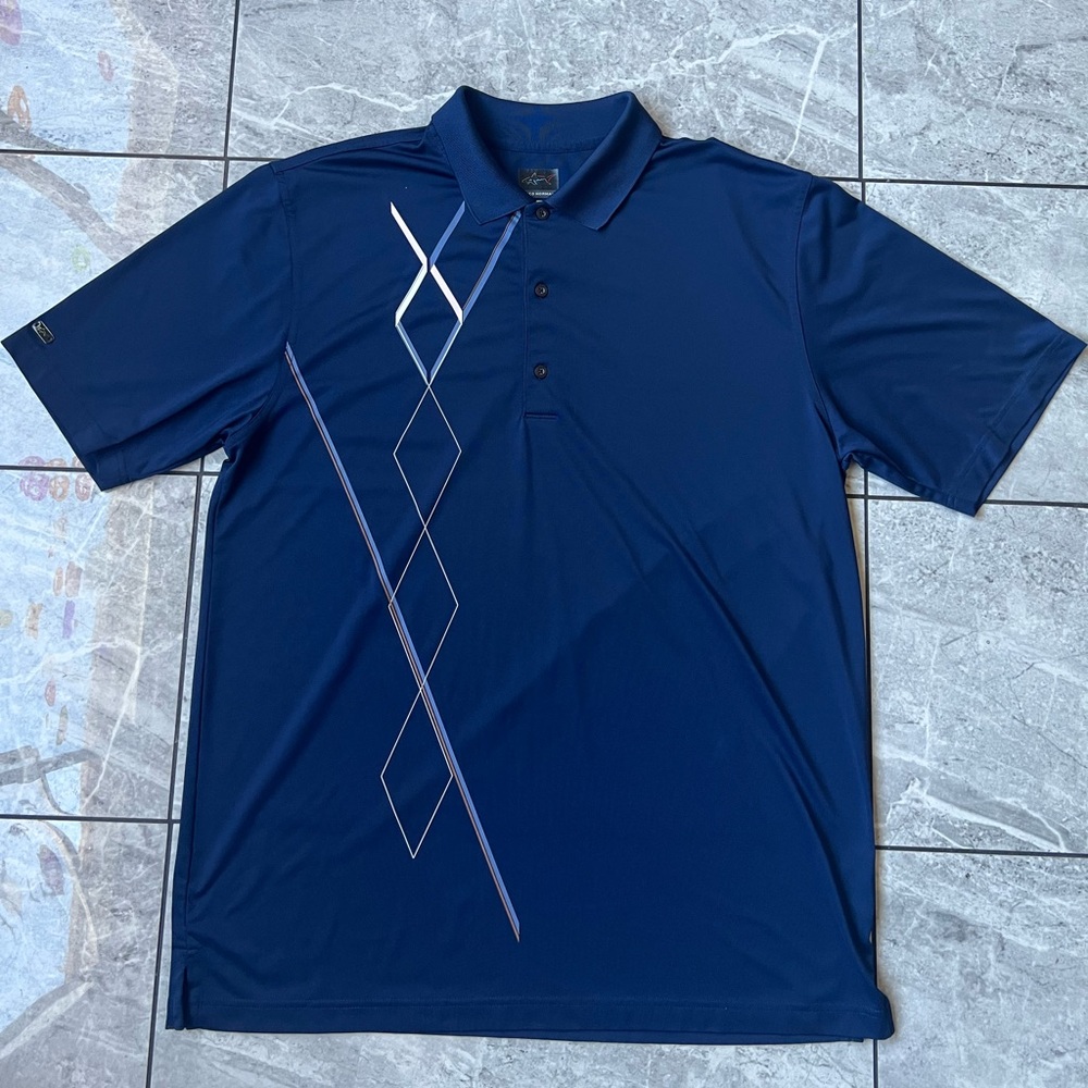 Greg Norman Mens Navy Blue Geometric Print Short Sleeve Polo Shirt Golf Large